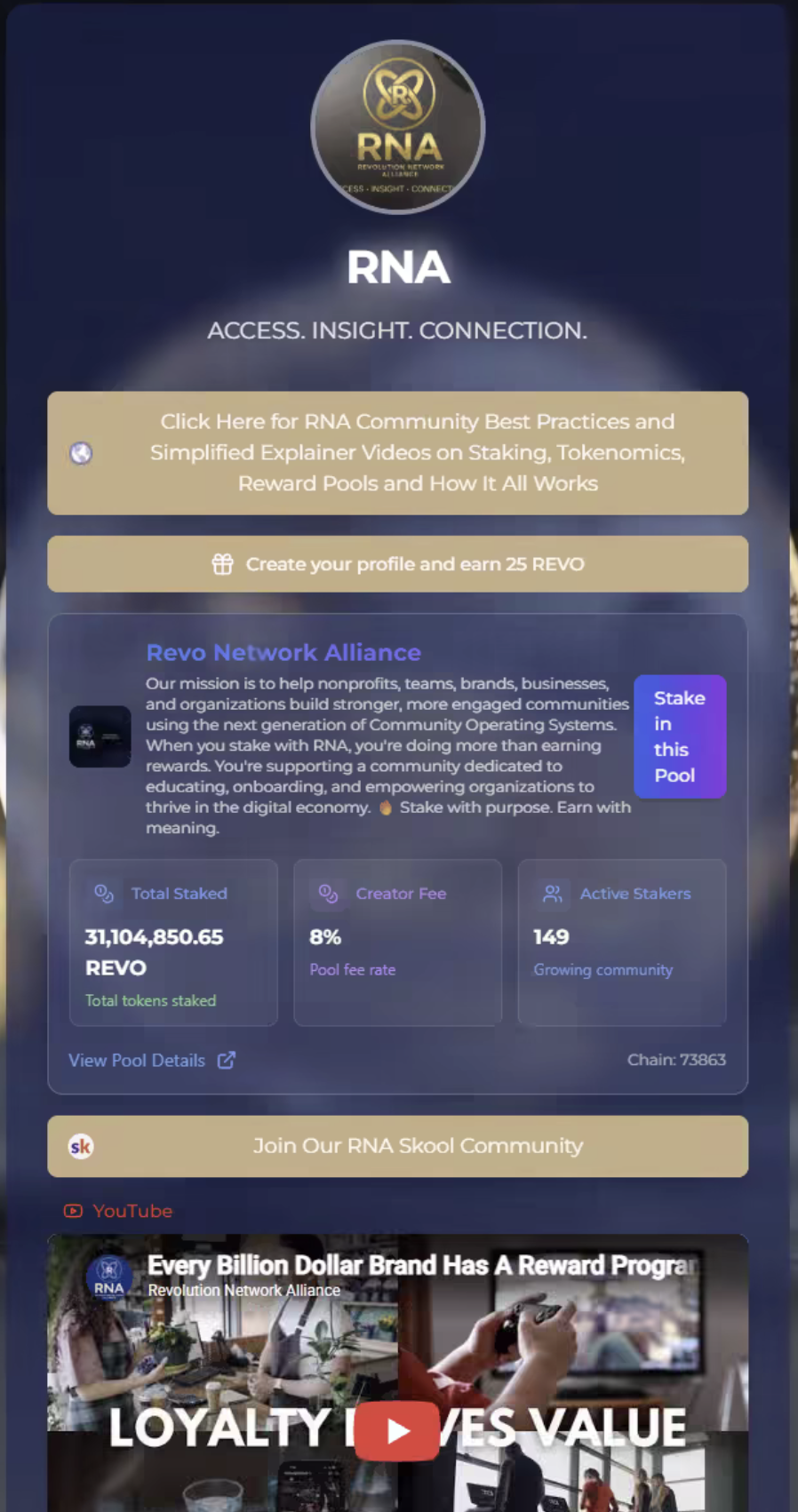 An AmpedBio profile page for the Revo Network Alliance, showing a staking pool with total REVO staked and active stakers